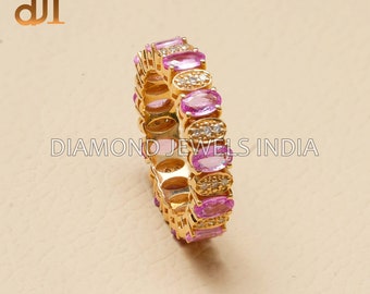 Anillo de eternidad de oro de 14 k con diamantes y zafiro rosa - Hecho a mano (talla 7 de EE. UU.)