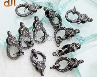 10 Pcs Pave Diamond 925 Silver Lobster Clasp: Handmade Jewelry Finding (30x14 MM)