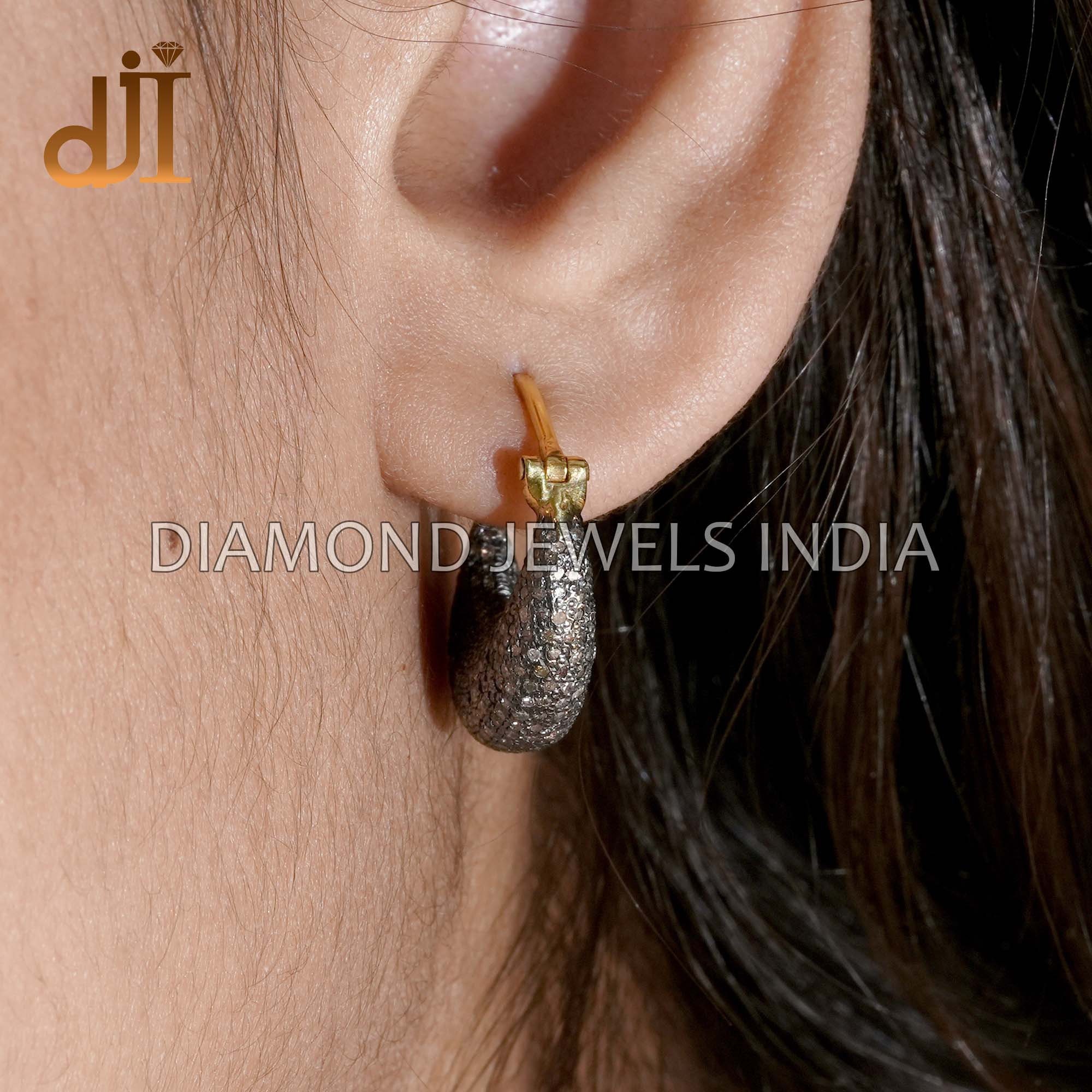 Pave Diamond Crescent Hoop Earrings: Yellow Gold Plated 925 Silver