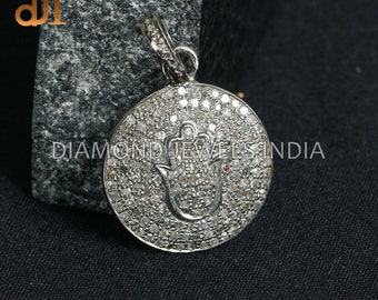 Pave Diamond Hamsa Pendant, Hamsa Hand Disc Pendant, Pave Diamond Jewelry, Silver Hamsa Pendant, Silver Diamond Jewelry, Pendant Necklace