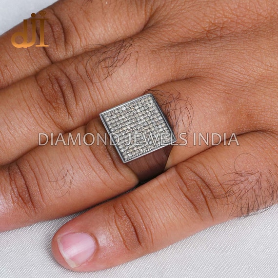 Square Ring, Oxidized 925 Silver Pave Diamond Jewelry, Men Ring