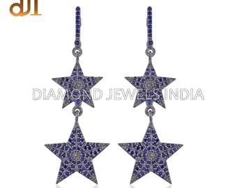 Blue Sapphire Star Earrings: Oxidized 925 Silver, September Birthstone
