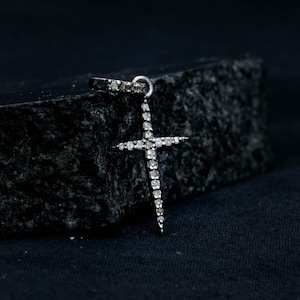 Single Line Pave Diamond 925 Silver Jesus Cross Religious Charm Chain Necklace Jewelry Cross Minimalist Pendant Handmade Unisex Gift