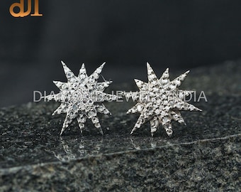 Rose Cut Pave Diamond 925 Silver Starburst Stud Earrings, Pave Diamond Minimalist Jewelry, Earlobe Silver Vermeil Earrings, Unisex Earrings