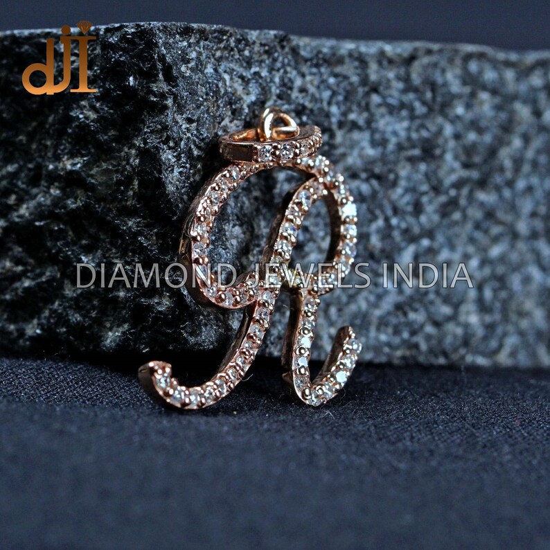 Diamond Letter R Cursive Natural Diamond Cursive Initial R 14k Rose Gold Alphabet Pendant ...