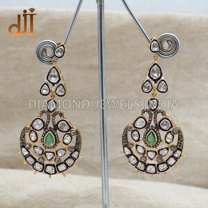 Polki Diamond Emerald Dangle Earrings: Victorian 925 Silver Vermeil
