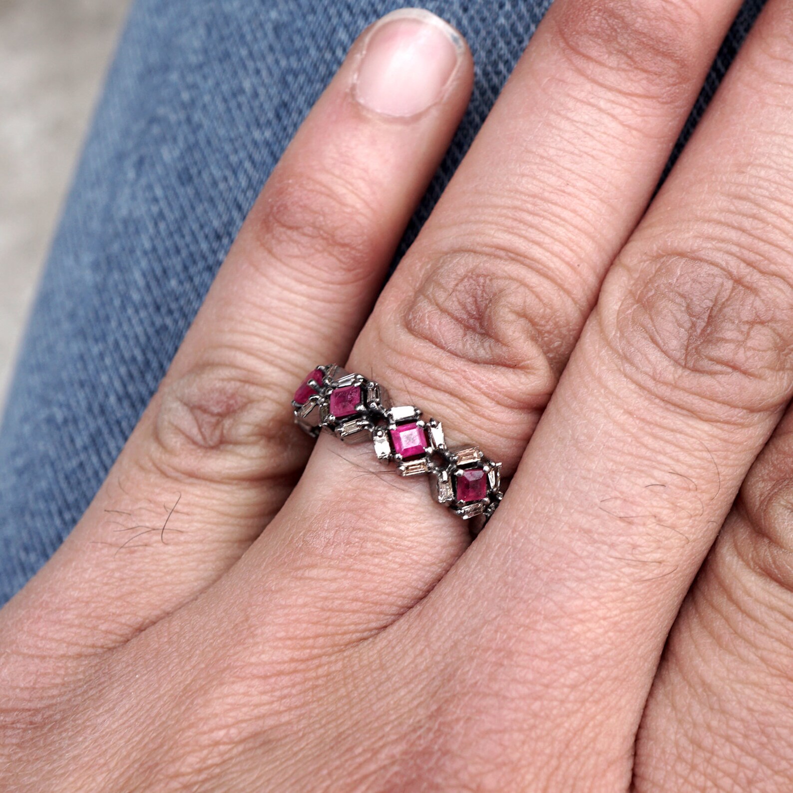 Natural Baguette Diamond Ruby Gemstone 925 Silver Band Ring | Etsy