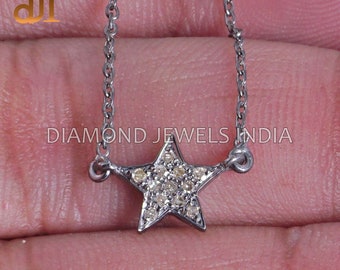 Pave Diamond Star Charm Chain Necklace Oxidized 925 Silver Handmade Minimalist Fine Jewelry