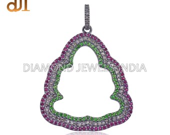 Handmade Ruby Chrome Diopside Diamond Pave Buddha Pendant Necklace