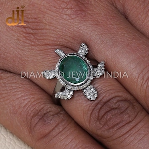 Natural Emerald Gemstone Pave Diamond 925 Silver Tortoise Lucky Charm Unisex Ring Jewelry, Victorian Jewellery, May Birthstone Ring