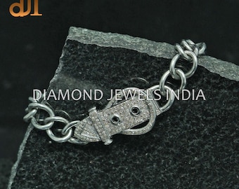 Pave Diamond Belt Buckle Bracelet: Sterling Silver Curb Chain