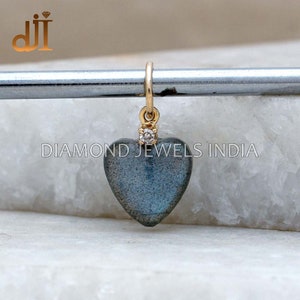 Solid 14k Yellow Gold Pendant, Pave Diamond Minimalist Heart Jewelry, Natural Labradorite Unisex Pendant, Gift For Her 10 MM Gold Jewelry