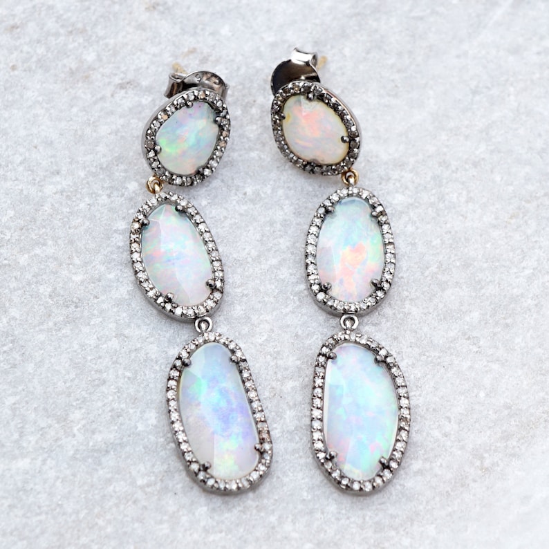 Opal Gemstone Pave Diamond 14k Gold Handcrafted Drop Dangle 925 Silver Earrings Jewelry EAMJ-1150