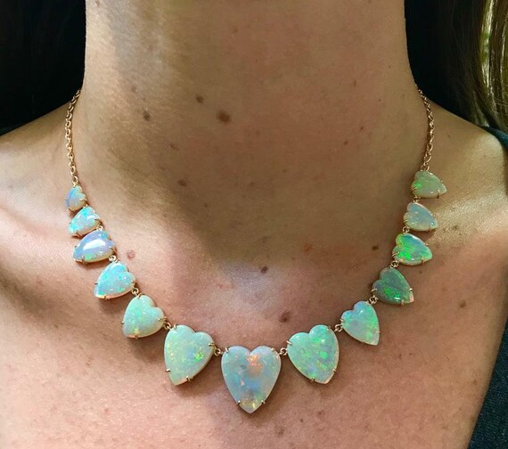 14K Yellow Gold Necklace & Earrings Set With Natural Heart-Shaped Opals - Handmade Fine Jewelry Gift - View #6