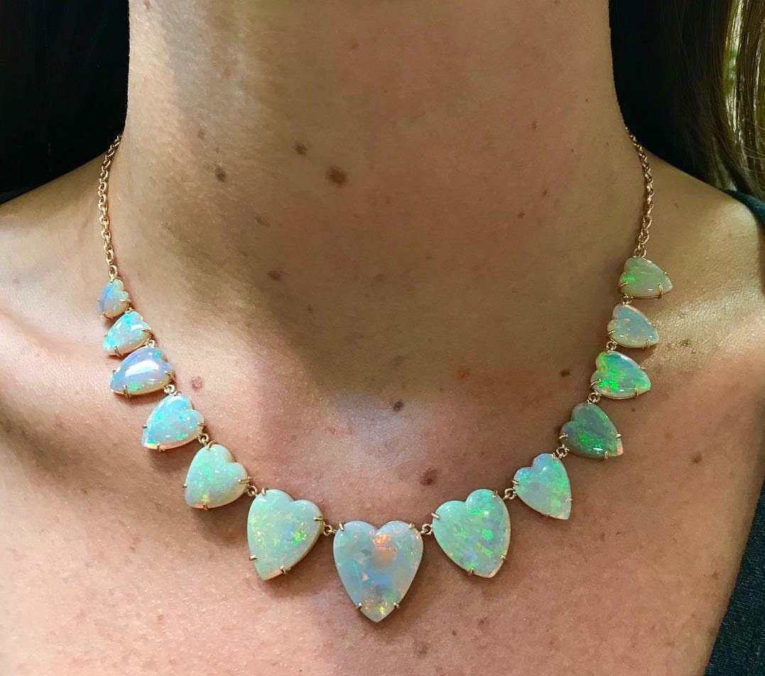 14K Yellow Gold Jewelry Set - Necklace & Earrings With Natural Heart-Shaped Opals