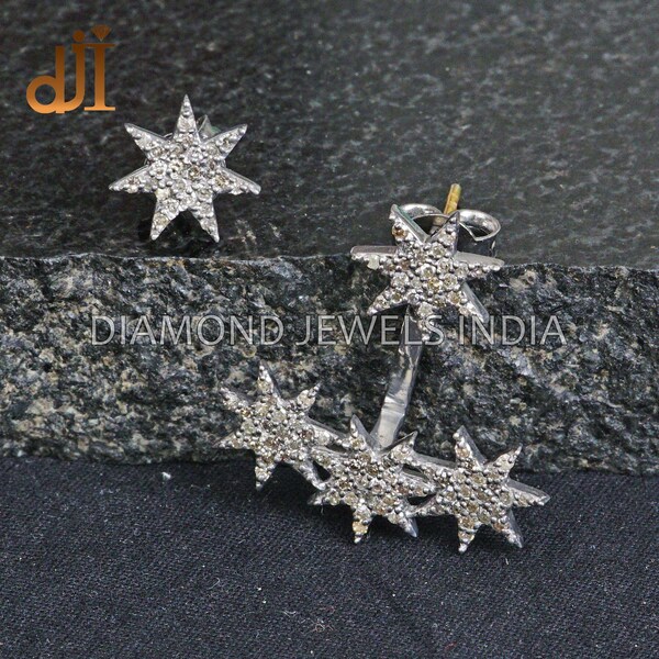 Pave Diamond Star Ear Jacket With Stud Oxidized 925 Silver Designer Push Back Earrings Women's Jewelry Handmade Summer Jewelry