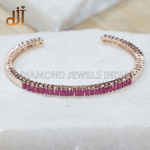 Natural Ruby Gemstone 14k Gold Cuff Bangle Bracelet, Stack Bangle Bracelet, July Birthstone Ruby, Gift For Her, Sleek Baguette Bracelet