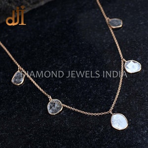 Solid 14k Yellow Gold Bezel Set Slice Diamond Handmade Chain Delicate Necklace Jewelry New Design, Necklace For Gift, Diamond Jewels India