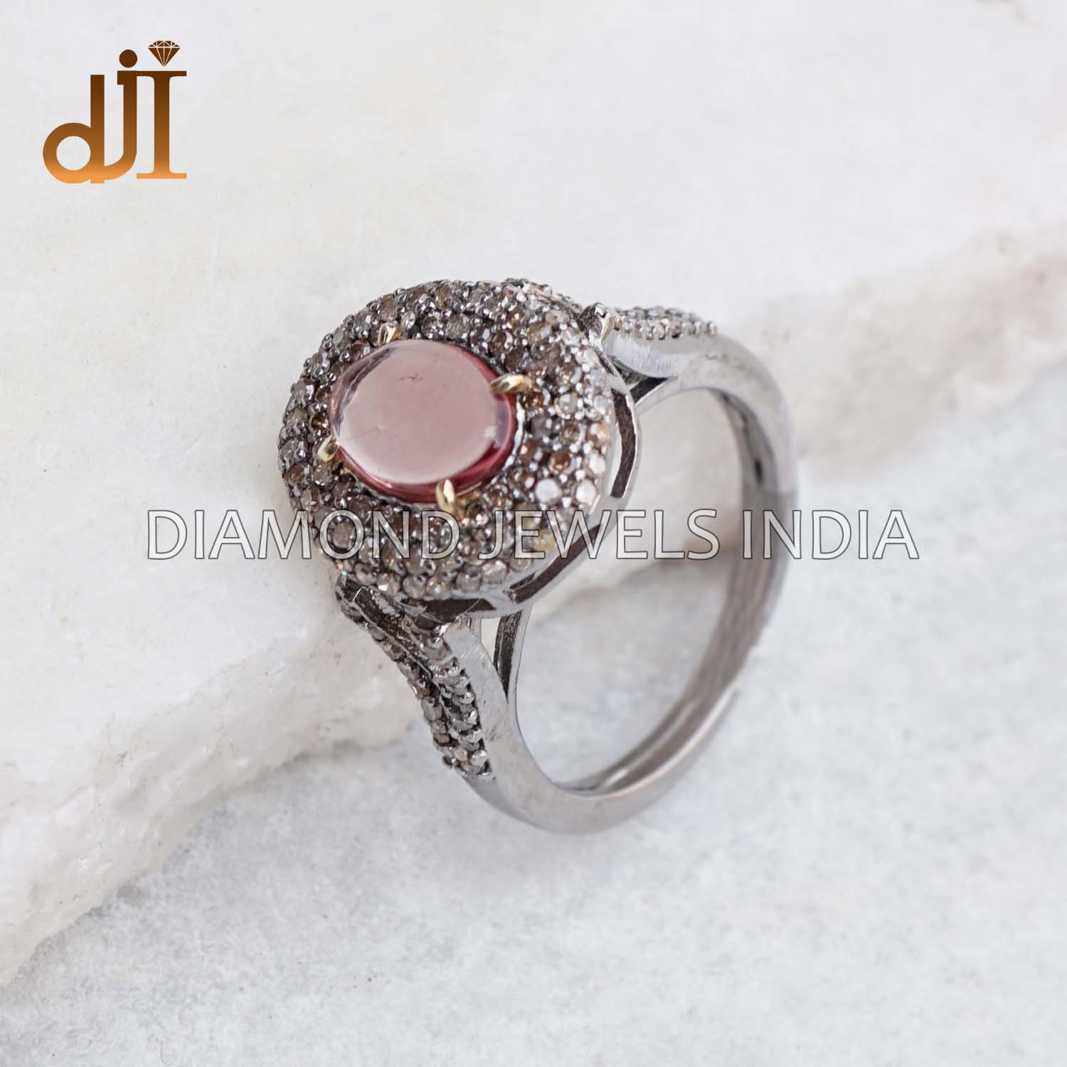 ピンクトルマリンリング：パヴェダイヤモンド、酸化925シルバー