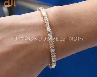 14k Gold Baguette Diamond Bangle: Handmade Cuff Bracelet