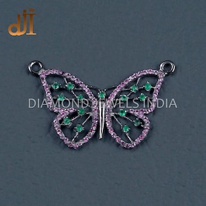 Solid 925 Silver Pink Sapphire Butterfly Pendant Chain Necklace Emerald Gemstone Womens Pendant 18X25 MM  Necklace Jewelry Gift For Her