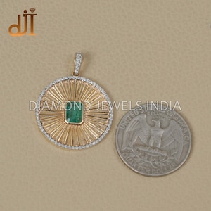 Diamond 14k Gold Emerald Pendant, Diamond Round Pendant, Art Deco Designer Pendant, Jewelry For Gifts, May Birthstone, Diamond Fine Jewelry