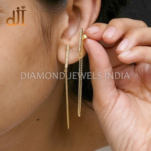 Pave Diamond Solid 14k Yellow Gold Thread Earrings Gift For Her Long Chain Threader Earrings Bar Dangle Chain Earrings Handmade Jewelry