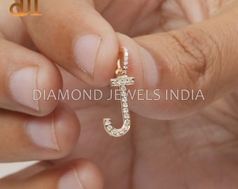 14k Gold Pave Diamond Initial J Charm Pendant: Handmade Minimalist Jewelry