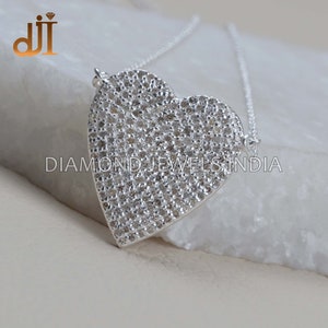 Pave Diamond Heart Pendant Necklace, 925 Starling Silver Diamond Jewelry, HEART Love Pendant, Unisex Jewelry, Silver Chain Necklace 20X22 MM