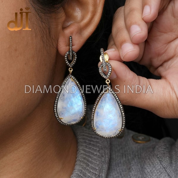 Pave Diamond Rainbow Moonstone Earrings Oxidized 925 Silver Handmade Jewelry Silver Diamond Earrings New Design Christmas Gift For Her