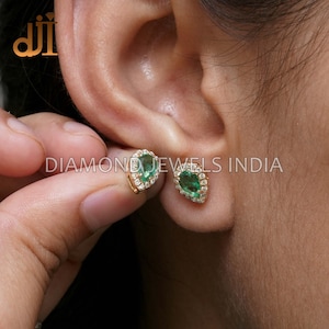 14k Yellow Gold Pave Diamond Pear Shape Natural Emerald Stud Earrings Jewelry Gift For Her, Minimalist Earlobe Earrings Pair