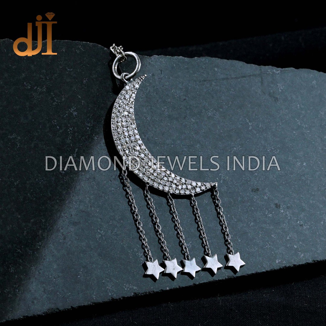 Oxidized Silver Pave Diamond Crescent Moon Star Pendant Necklace - Etsy