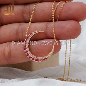Natural Ruby Gemstone Pave Diamond Crescent Moon Pendant Chain Necklace, Solid 14k Gold Moon Jewelry, Gift For Her, Diamond Jewels India