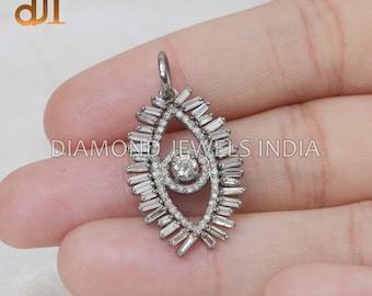 Natural Baguette Diamond Oxidized 925 Silver Evil Eye Charm Pendant Chain Necklace Fine Jewelry, Birthday Gift