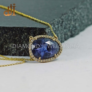 Natural Tanzanite Gemstone Pave Diamond Handmade Solid 14k Yellow Gold Pendant Chain Necklace Jewelry For Mother's Day Gift Delicate Jewelry