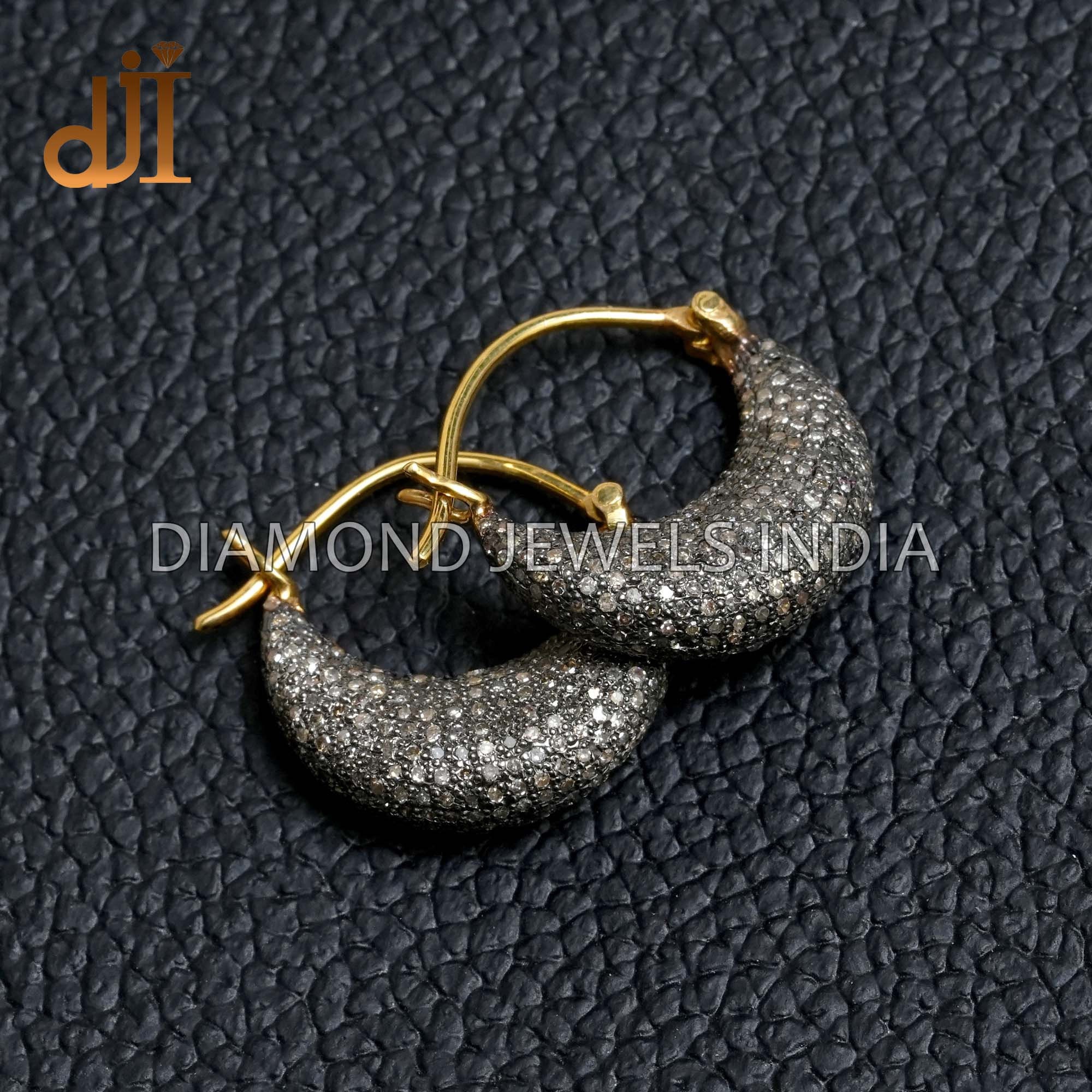 Pave Diamond Crescent Hoop Earrings: Yellow Gold Plated 925 Silver