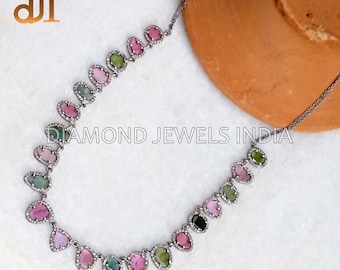 Natural Tourmaline Gemstone Genuine Pave Diamond Double Chain 925 Silver Necklace Jewelry NEMJ-506