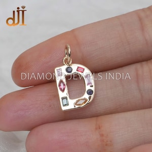 Multi Sapphire Initial D Pendant 14k Gold Charm, Birthday Gift Letter Pendant, Alphabet D Pendant, 14k Gold Jewelry, DIAMOND JEWELS INDIA