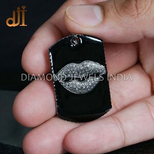Diamond Lips Tag Enamel Pendant, Silver Tag Pendant, Pave Diamond Jewelry, Black Enamel Pendant, Tag Pendant, Pendant Chain Necklace