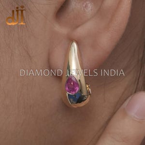 14k Gold Pink Sapphire Huggie Hoop Earrings, Bezel Set Fine Jewelry Push Back