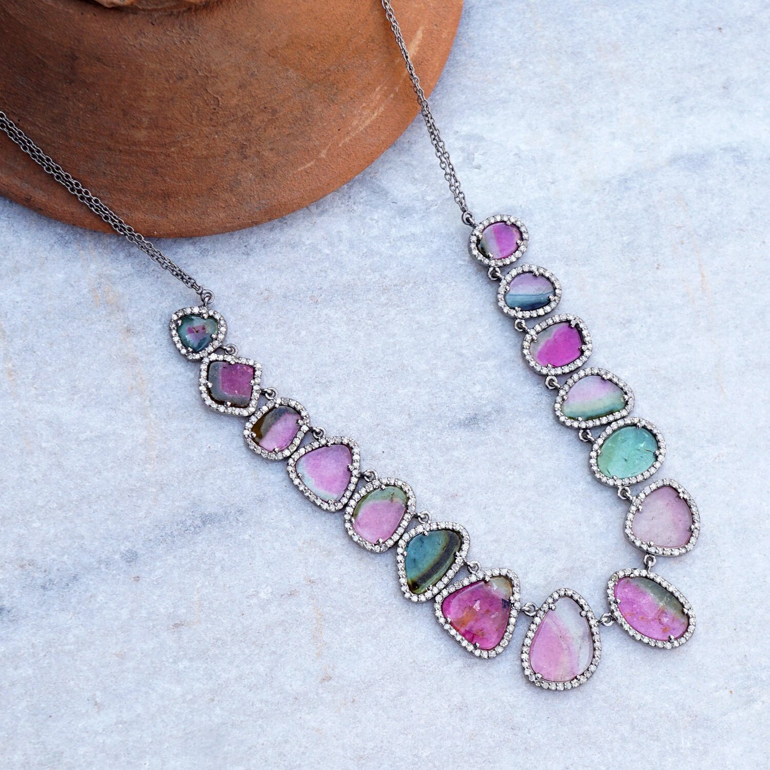 Pave Diamond Multi Colour Tourmaline Pendant Diamond Silver Sterling 925 Standard Deep Black Size Necklace Pendant Jewelry 71x32mm