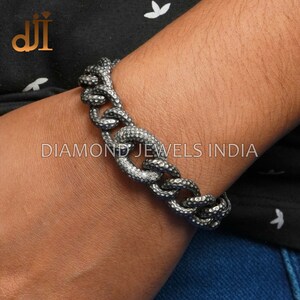 Rose Cut Pave Diamond Oxidized 925 Silver Link Chain Bracelet, Men&#39;s Bracelet, Gift For Him, Diamond Silver Bracelet, Diamond Jewels India