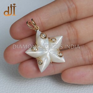 Mother Of Pearl Star Charm 14k Gold Pendant, Diamond MOP Pendant, 14k Gold & Silver Pendant, Valentine Gift Jewelry
