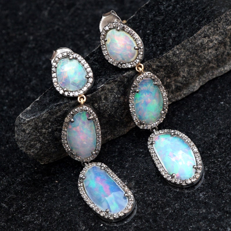 Opal Gemstone Pave Diamond 14k Gold Handcrafted Drop Dangle 925 Silver Earrings Jewelry EAMJ-1150
