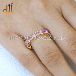 14k Gold Pave Diamond Ring, Natural Pink Sapphire Stack Ring, Gemstone Ring Jewelry, Eternity Band, Gold Jewelry, Full Band Promise Ring New