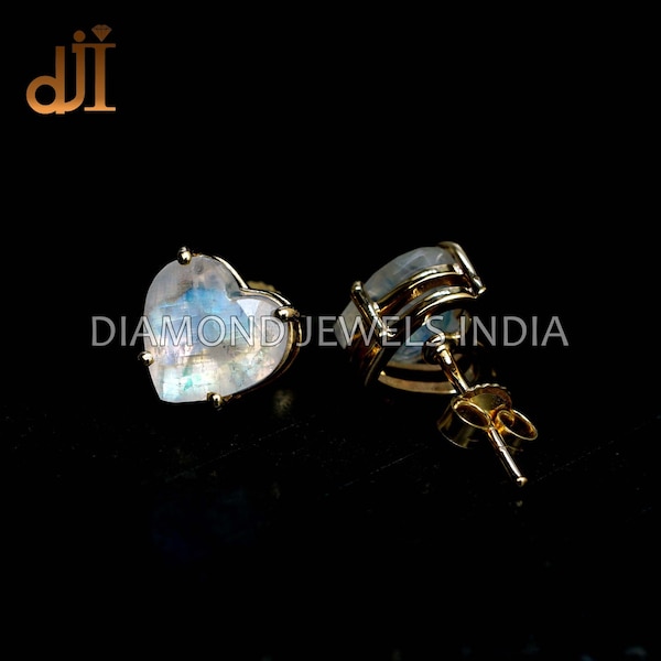 14k Gold Regenbogen Mondstein Herz Ohrstecker: Minimalistischer Stil