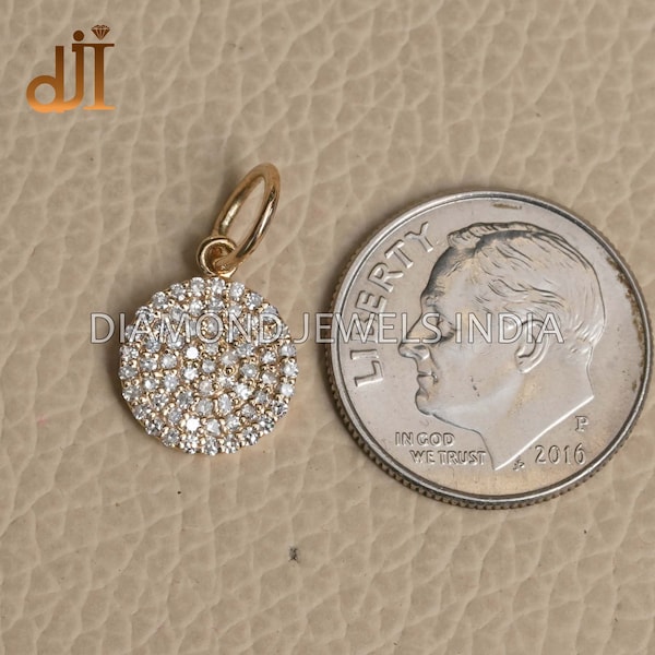 14k Gold Pave Diamant 10MM Disc Charm Anhänger, Minimalist Schmuck