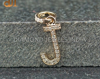 Customize 14k Gold Pave Diamond Handmade Initial J Charm Pendant Jewelry, Delicate Minimalist Charm, Diamond Jewels India, Multi Use Charm