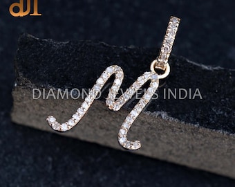14k Solid Yellow Gold Pave Diamond Initial M Pendant: Handmade Charm