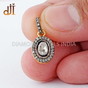Polki Diamant Charm Anhänger, Pave Diamant Schmuck, Charm für Armband, Halskette, Gelb Vermeil 925 Silber Schmuck, Diamant Oval Anhänger